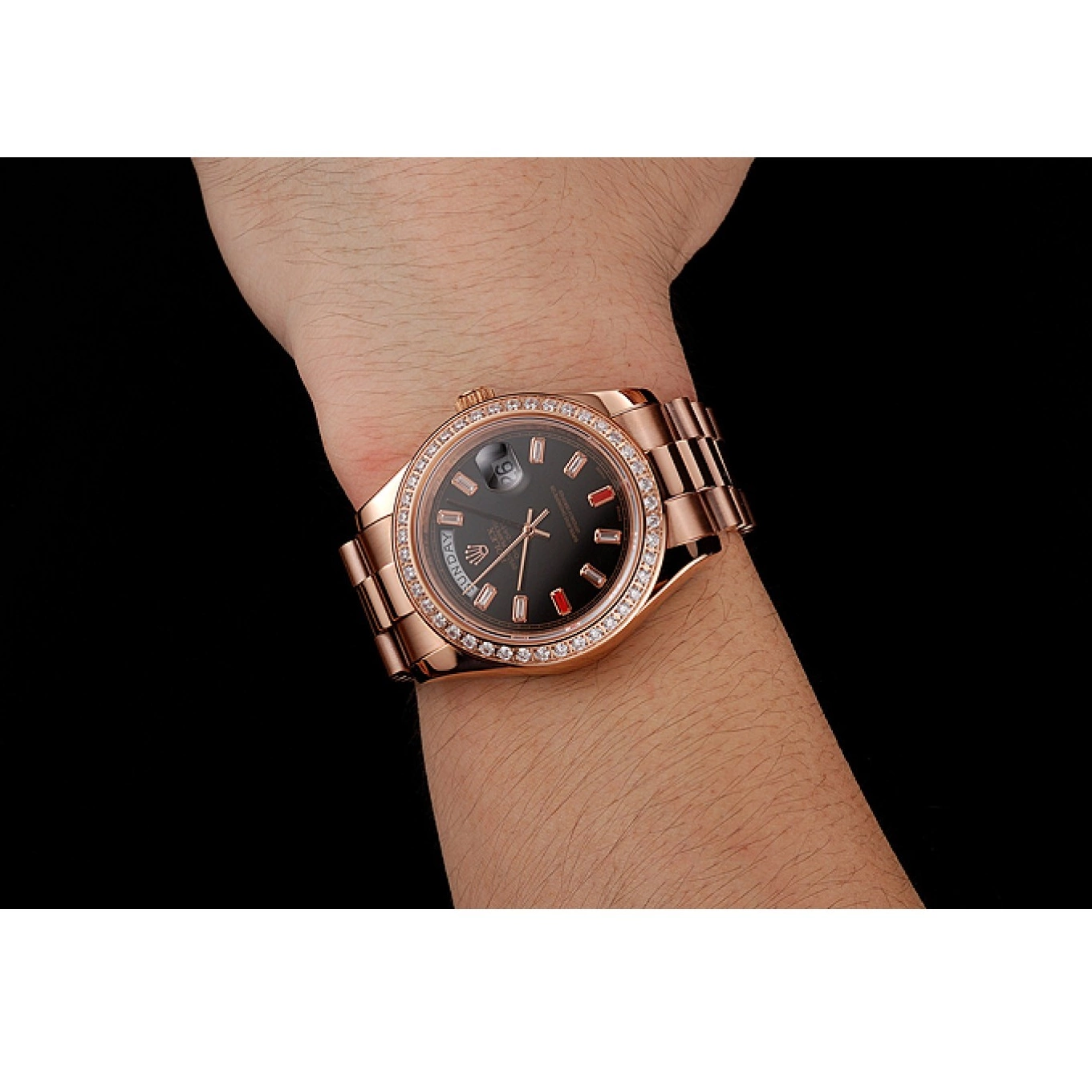 Rolex aaa copy Swiss Bracelet Rose 1454102 Rolex Diamonds Black Dial And Day-Date Rubies Gold 0627